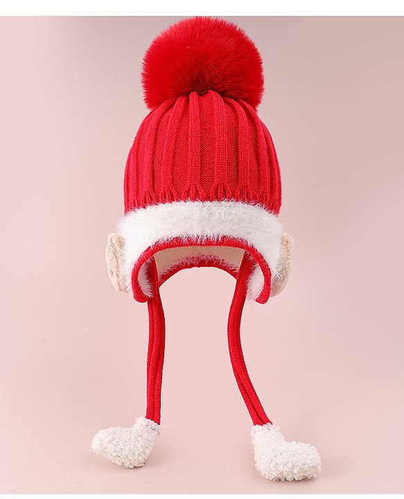 Babyhug Woollen Cap  With Cord & Bunny Applique Red - Diameter 13.5 cm