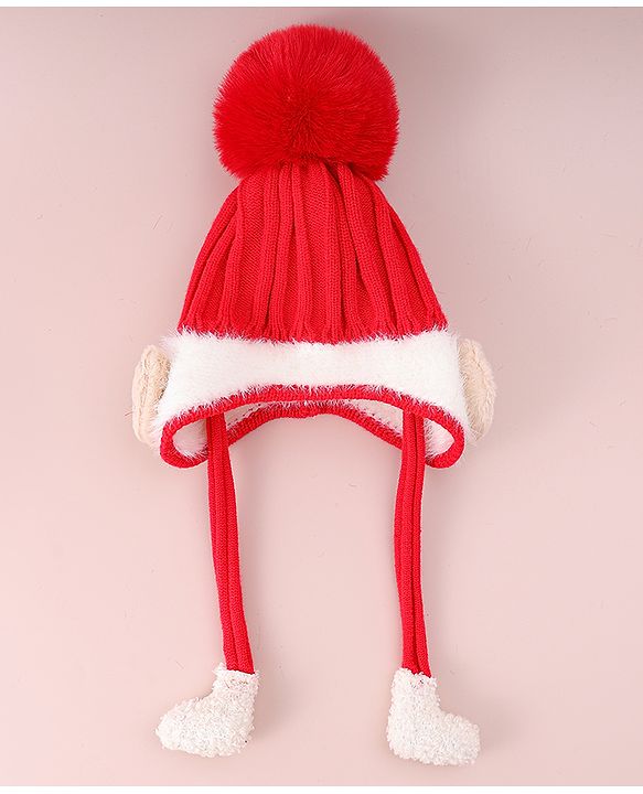 Babyhug Woollen Cap  With Cord & Bunny Applique Red - Diameter 13.5 cm