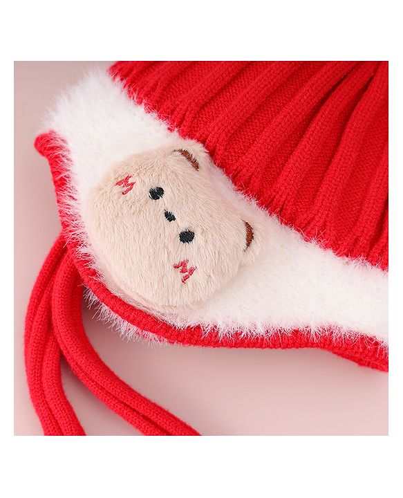 Babyhug Woollen Cap  With Cord & Bunny Applique Red - Diameter 13.5 cm