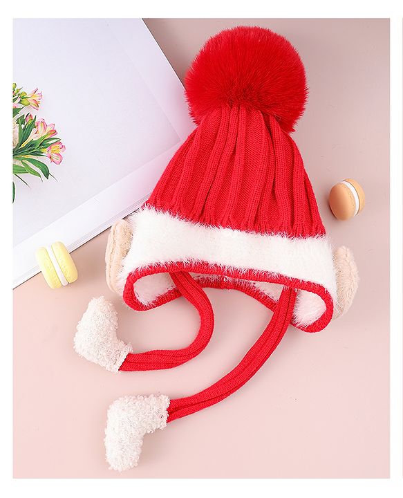 Babyhug Woollen Cap  With Cord & Bunny Applique Red - Diameter 13.5 cm