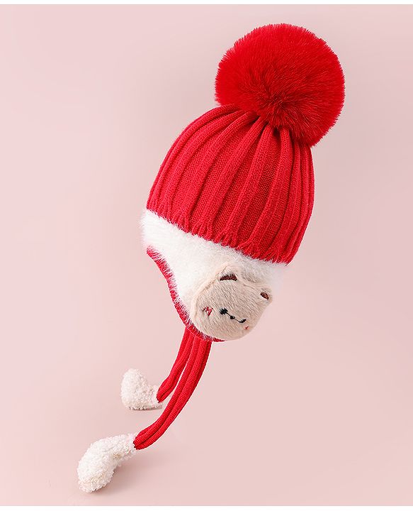 Babyhug Woollen Cap  With Cord & Bunny Applique Red - Diameter 13.5 cm