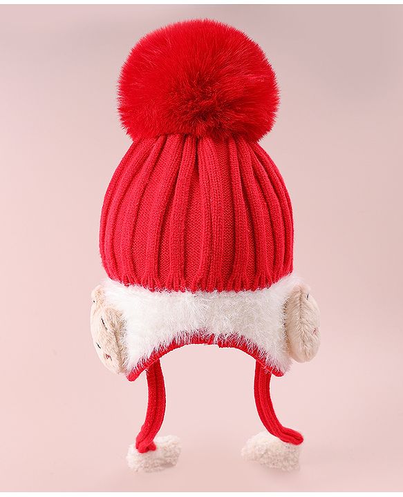 Babyhug Woollen Cap  With Cord & Bunny Applique Red - Diameter 13.5 cm