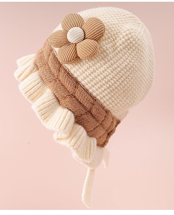 Babyhug Woollen Cap with Knot & Floral Applique Cream - Diameter 15 cm