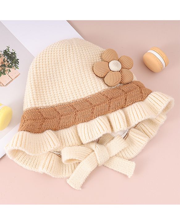 Babyhug Woollen Cap with Knot & Floral Applique Cream - Diameter 15 cm