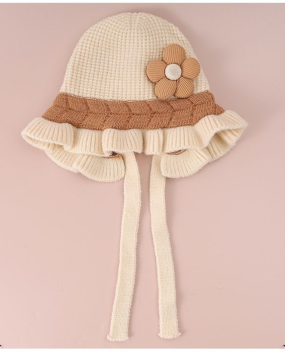 Babyhug Woollen Cap with Knot & Floral Applique Cream - Diameter 15 cm