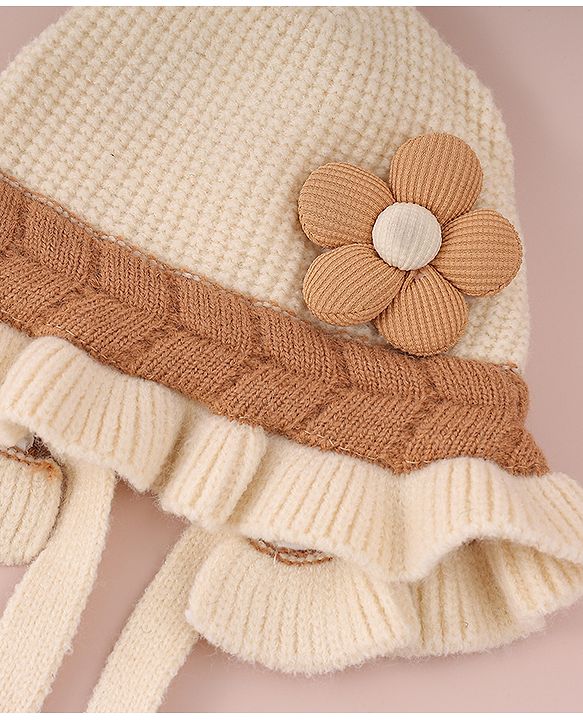 Babyhug Woollen Cap with Knot & Floral Applique Cream - Diameter 15 cm