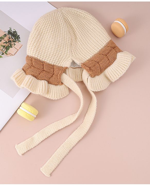 Babyhug Woollen Cap with Knot & Floral Applique Cream - Diameter 15 cm