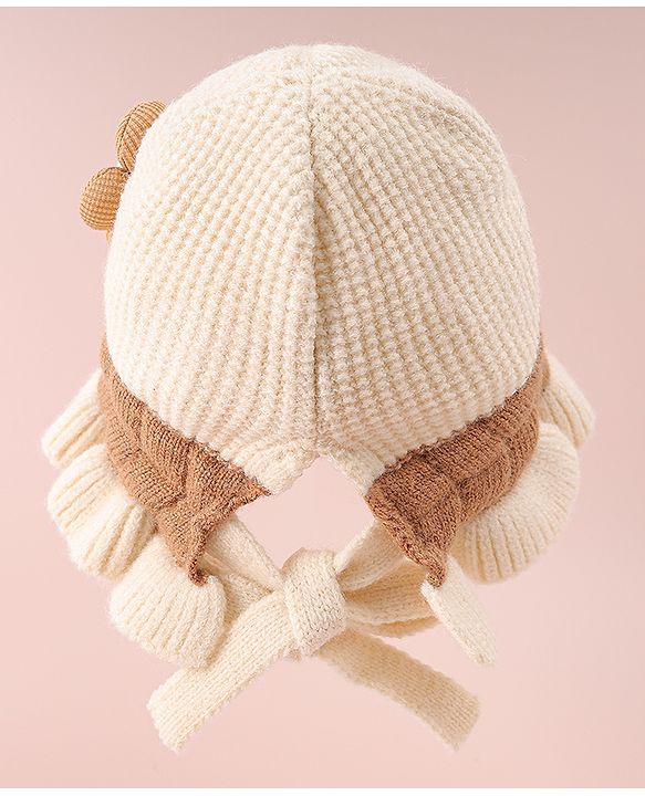 Babyhug Woollen Cap with Knot & Floral Applique Cream - Diameter 15 cm