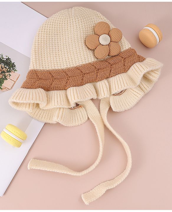 Babyhug Woollen Cap with Knot & Floral Applique Cream - Diameter 15 cm