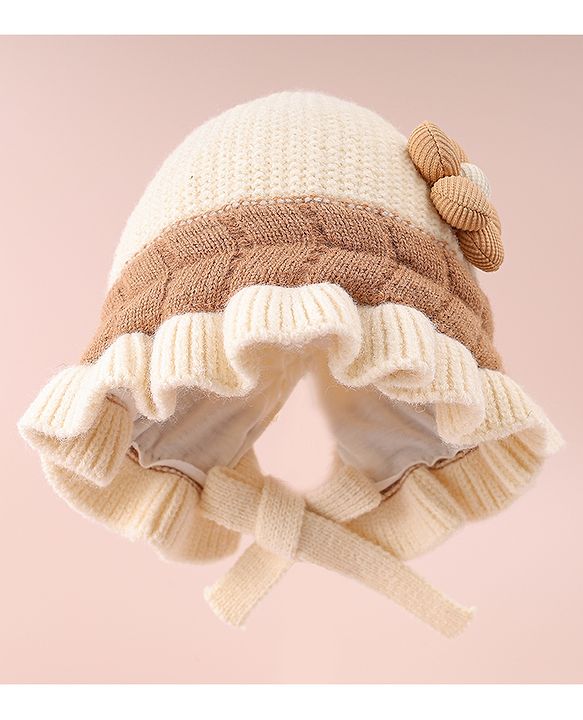 Babyhug Woollen Cap with Knot & Floral Applique Cream - Diameter 15 cm