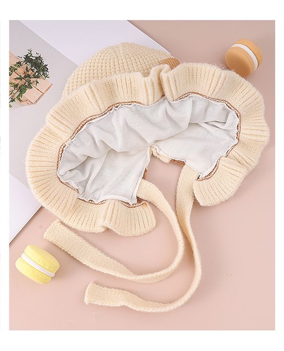 Babyhug Woollen Cap with Knot & Floral Applique Cream - Diameter 15 cm