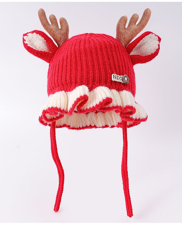 Babyhug Woollen Cap with Knot & Reindeer Ear Applique Red - Diameter 14 cm