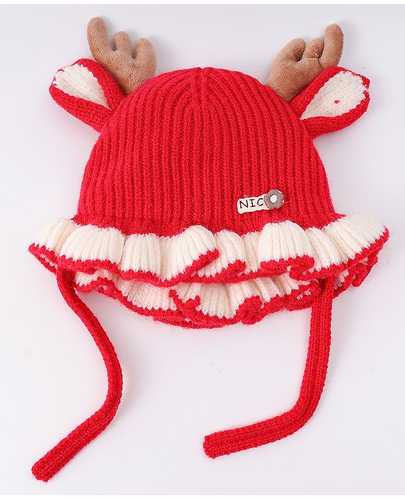 Babyhug Woollen Cap with Knot & Reindeer Ear Applique Red - Diameter 14 cm
