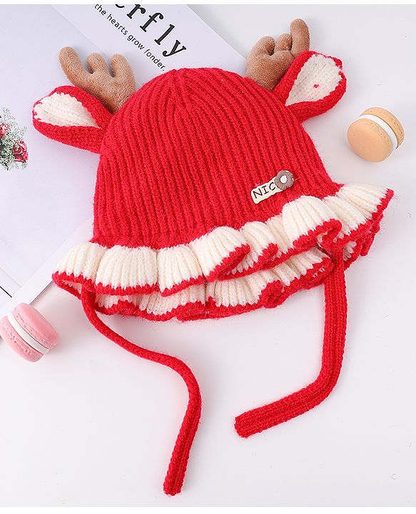 Babyhug Woollen Cap with Knot & Reindeer Ear Applique Red - Diameter 14 cm