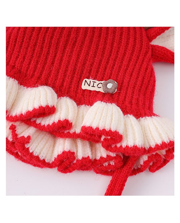 Babyhug Woollen Cap with Knot & Reindeer Ear Applique Red - Diameter 14 cm
