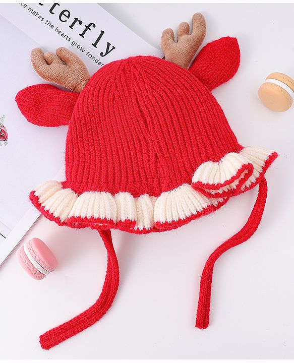 Babyhug Woollen Cap with Knot & Reindeer Ear Applique Red - Diameter 14 cm