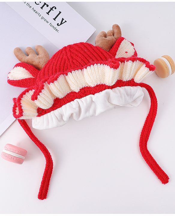 Babyhug Woollen Cap with Knot & Reindeer Ear Applique Red - Diameter 14 cm