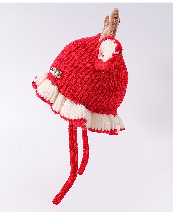 Babyhug Woollen Cap with Knot & Reindeer Ear Applique Red - Diameter 14 cm