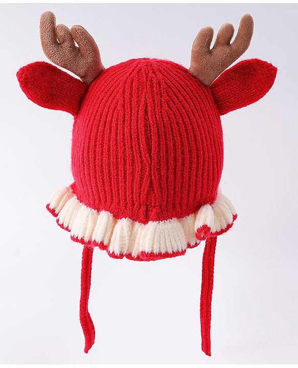 Babyhug Woollen Cap with Knot & Reindeer Ear Applique Red - Diameter 14 cm