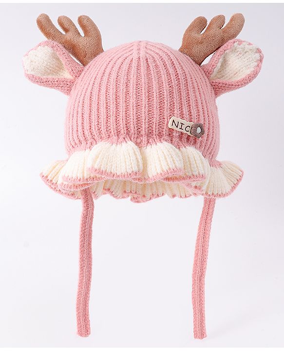 Babyhug Woollen Cap with Knot & Reindeer Ear Applique Red - Diameter 14 cm