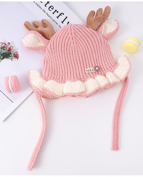 Babyhug Woollen Cap with Knot & Reindeer Ear Applique Red - Diameter 14 cm