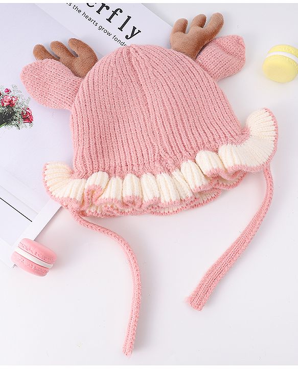 Babyhug Woollen Cap with Knot & Reindeer Ear Applique Red - Diameter 14 cm