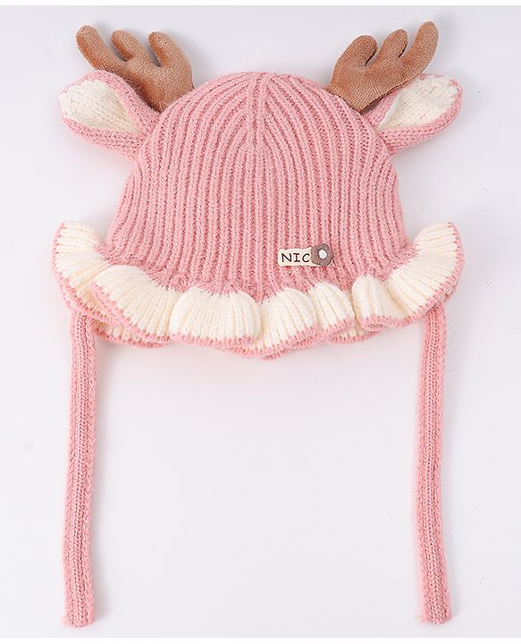 Babyhug Woollen Cap with Knot & Reindeer Ear Applique Red - Diameter 14 cm