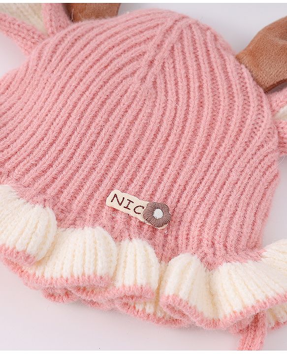 Babyhug Woollen Cap with Knot & Reindeer Ear Applique Red - Diameter 14 cm