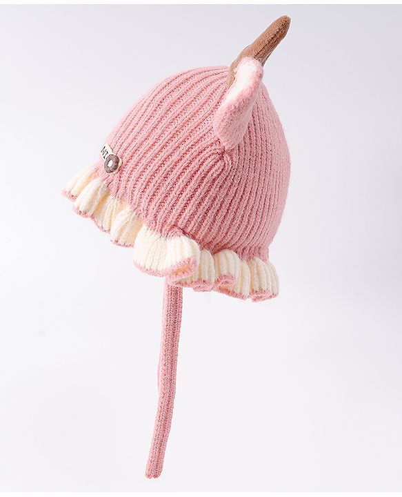 Babyhug Woollen Cap with Knot & Reindeer Ear Applique Red - Diameter 14 cm