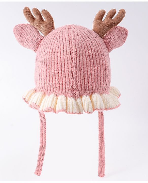 Babyhug Woollen Cap with Knot & Reindeer Ear Applique Red - Diameter 14 cm