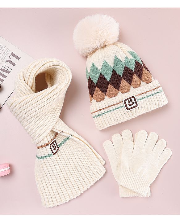 Babyhug Designed Woollen Cap Glove & Muffler Sets with Pom Pom Offwhite - Diameter 11 cm