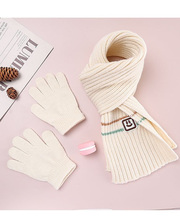 Babyhug Designed Woollen Cap Glove & Muffler Sets with Pom Pom Offwhite - Diameter 11 cm
