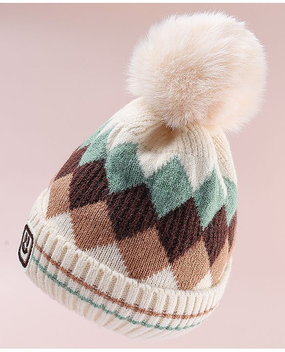 Babyhug Designed Woollen Cap Glove & Muffler Sets with Pom Pom Offwhite - Diameter 11 cm