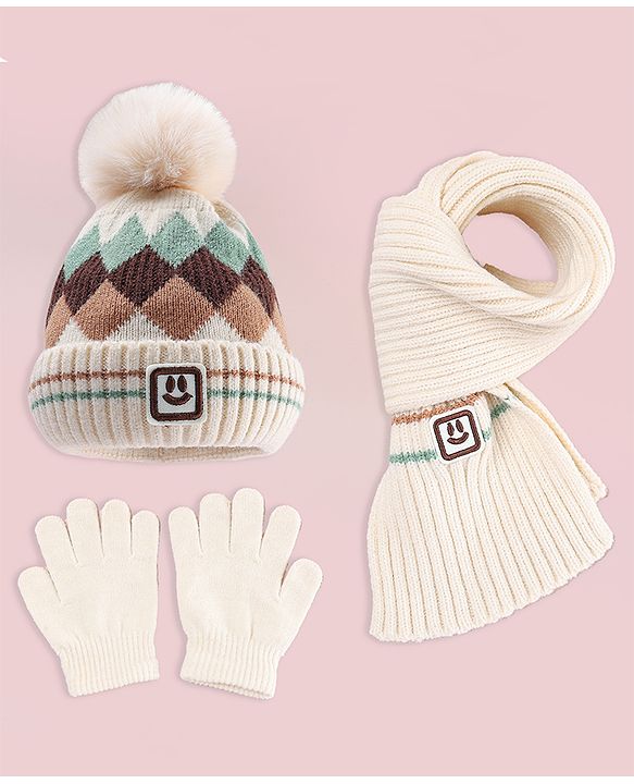 Babyhug Designed Woollen Cap Glove & Muffler Sets with Pom Pom Offwhite - Diameter 11 cm