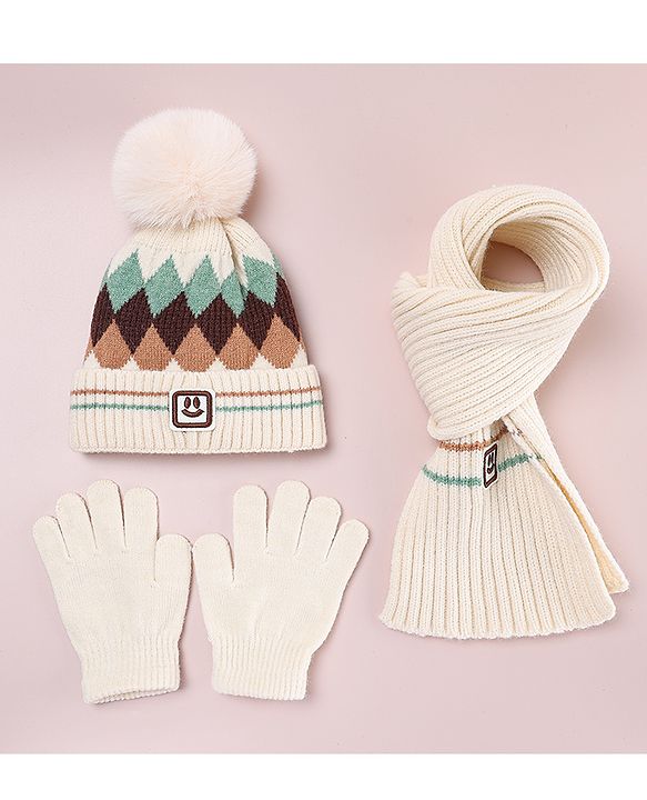 Babyhug Designed Woollen Cap Glove & Muffler Sets with Pom Pom Offwhite - Diameter 11 cm