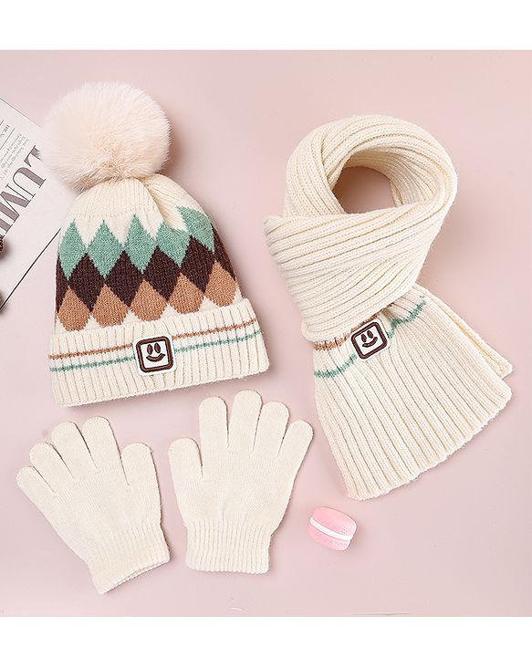 Babyhug Designed Woollen Cap Glove & Muffler Sets with Pom Pom Offwhite - Diameter 11 cm