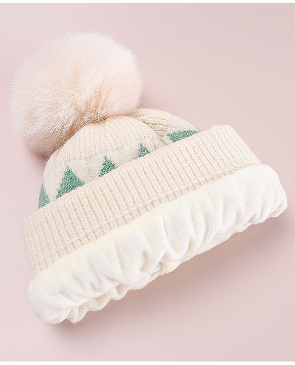 Babyhug Designed Woollen Cap Glove & Muffler Sets with Pom Pom Offwhite - Diameter 11 cm