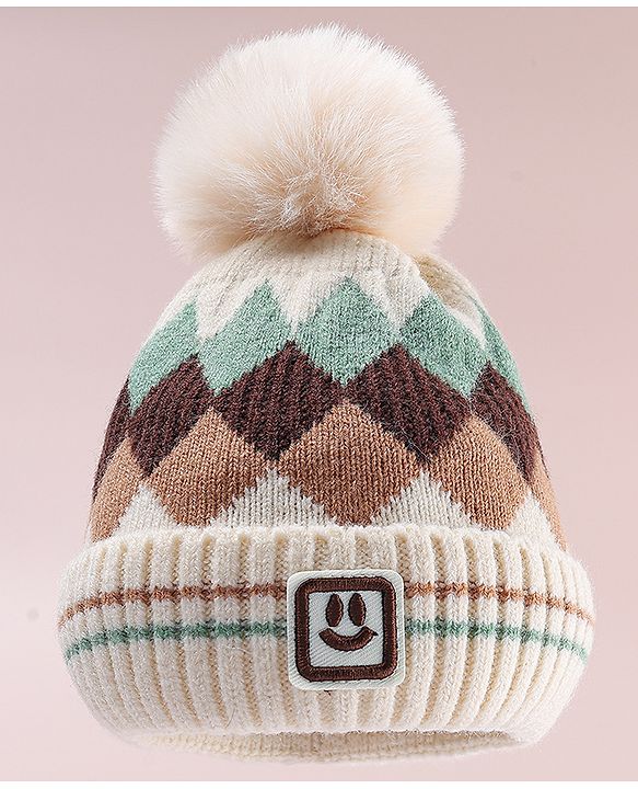 Babyhug Designed Woollen Cap Glove & Muffler Sets with Pom Pom Offwhite - Diameter 11 cm