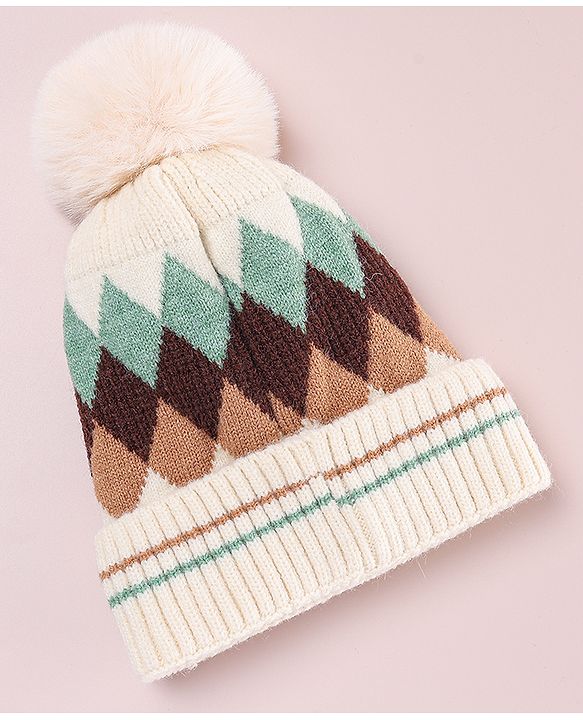 Babyhug Designed Woollen Cap Glove & Muffler Sets with Pom Pom Offwhite - Diameter 11 cm