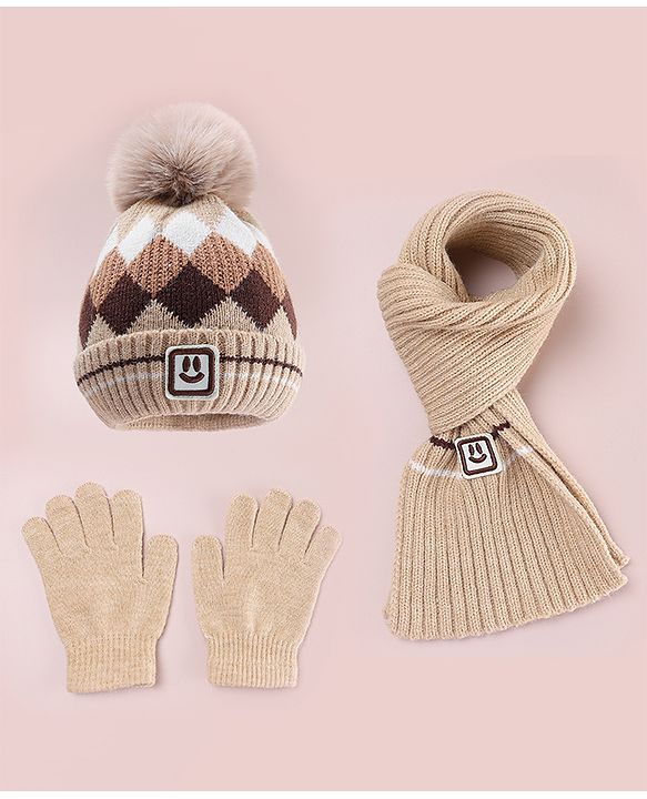 Babyhug Designed Woollen Cap Glove & Muffler Sets with Pom Pom Offwhite - Diameter 11 cm