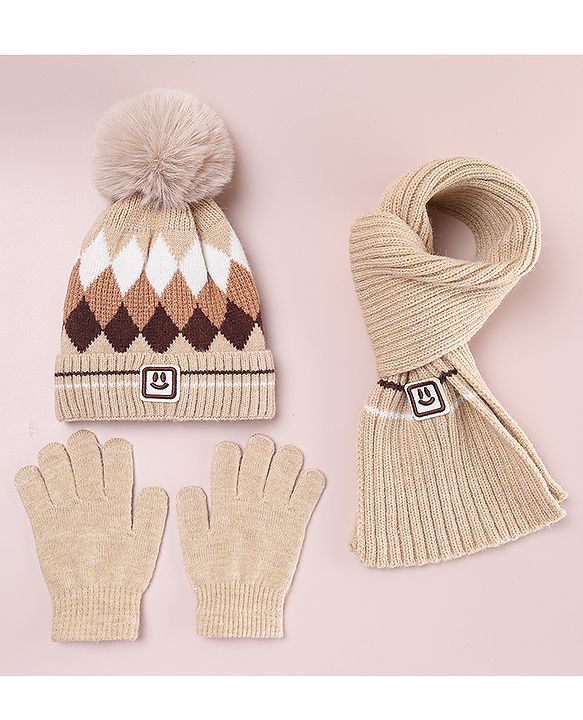 Babyhug Designed Woollen Cap Glove & Muffler Sets with Pom Pom Offwhite - Diameter 11 cm