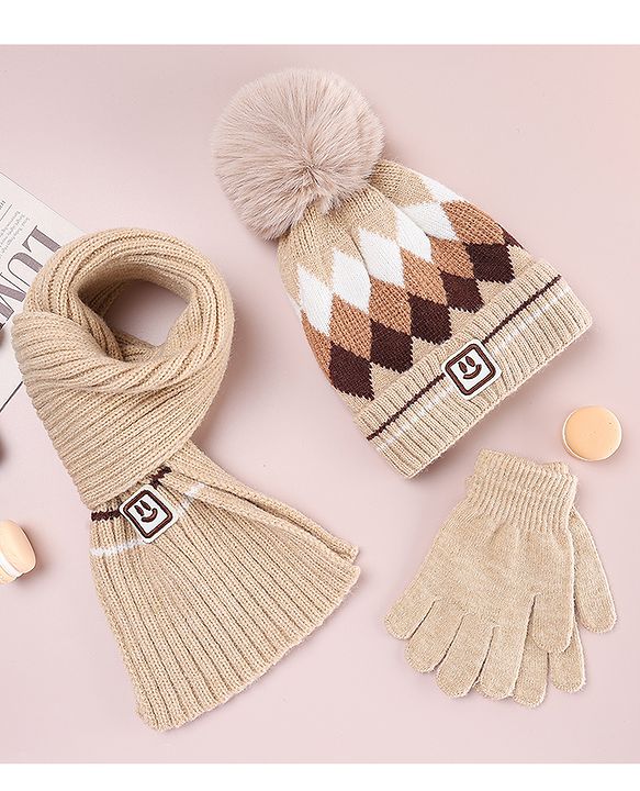 Babyhug Designed Woollen Cap Glove & Muffler Sets with Pom Pom Offwhite - Diameter 11 cm