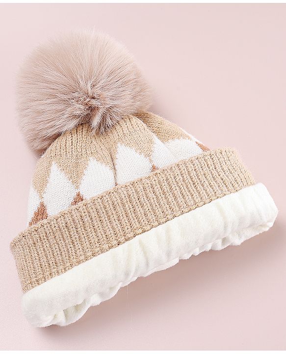 Babyhug Designed Woollen Cap Glove & Muffler Sets with Pom Pom Offwhite - Diameter 11 cm