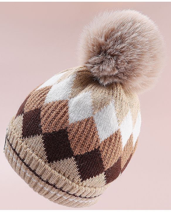 Babyhug Designed Woollen Cap Glove & Muffler Sets with Pom Pom Offwhite - Diameter 11 cm