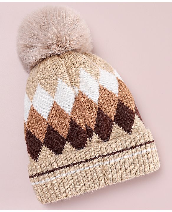 Babyhug Designed Woollen Cap Glove & Muffler Sets with Pom Pom Offwhite - Diameter 11 cm