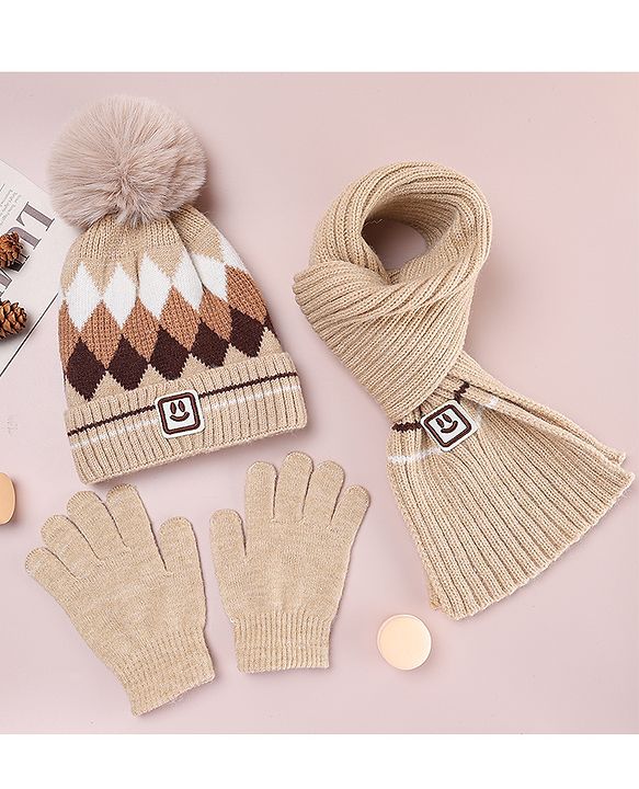 Babyhug Designed Woollen Cap Glove & Muffler Sets with Pom Pom Offwhite - Diameter 11 cm