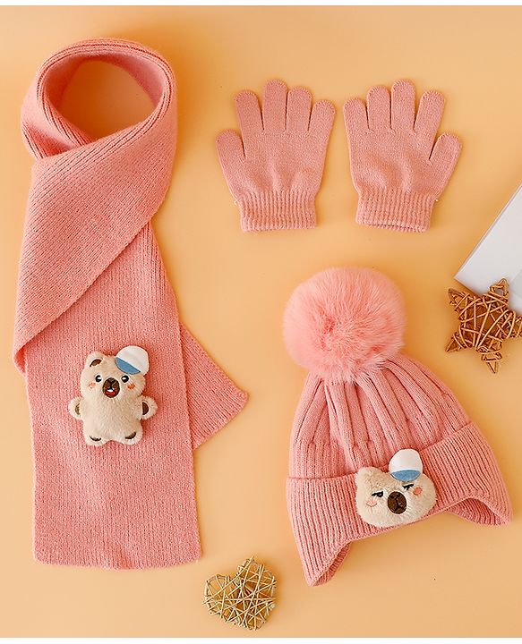 Babyhug Woollen Cap Mitten & Muffler Set with Teddy Embroidery & Applique Pink - Diameter 14 cm