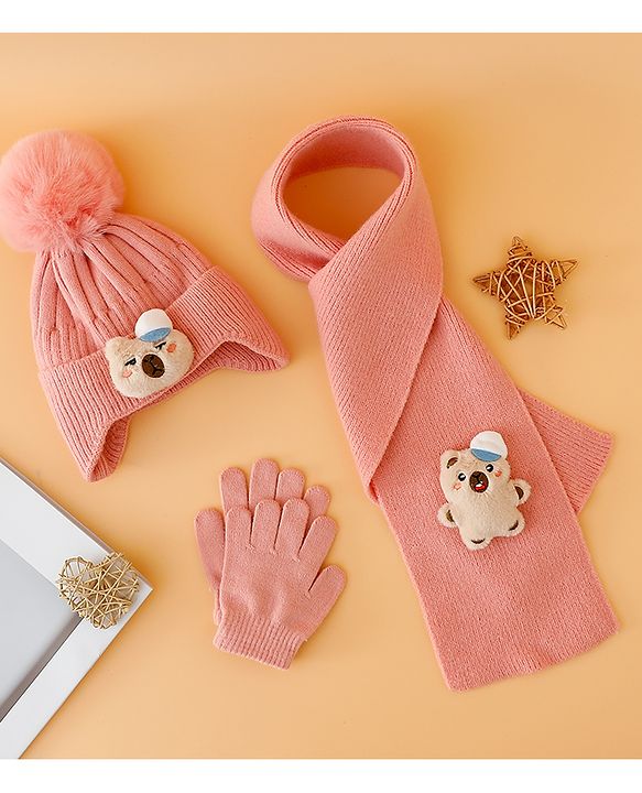 Babyhug Woollen Cap Mitten & Muffler Set with Teddy Embroidery & Applique Pink - Diameter 14 cm