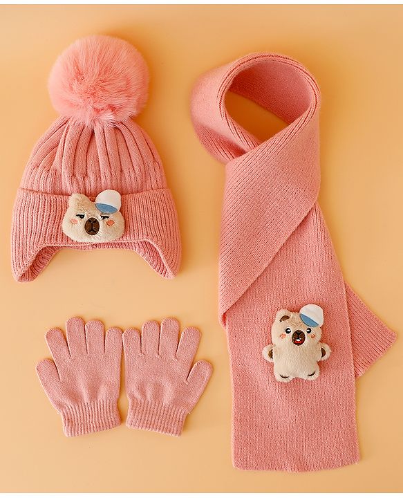 Babyhug Woollen Cap Mitten & Muffler Set with Teddy Embroidery & Applique Pink - Diameter 14 cm
