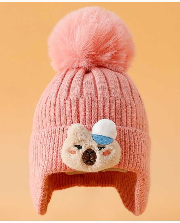 Babyhug Woollen Cap Mitten & Muffler Set with Teddy Embroidery & Applique Pink - Diameter 14 cm